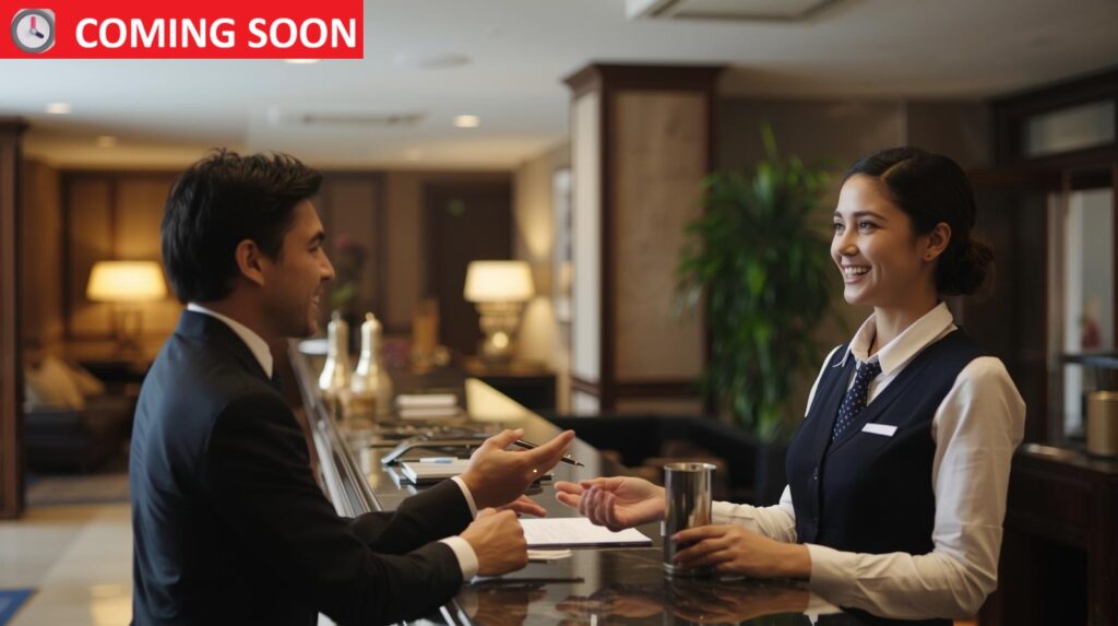 hotel front desk staff greeting guests.
