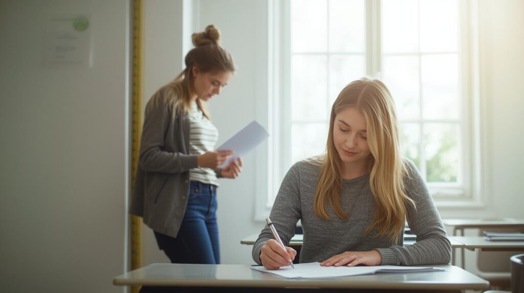 student measuring height or filling form