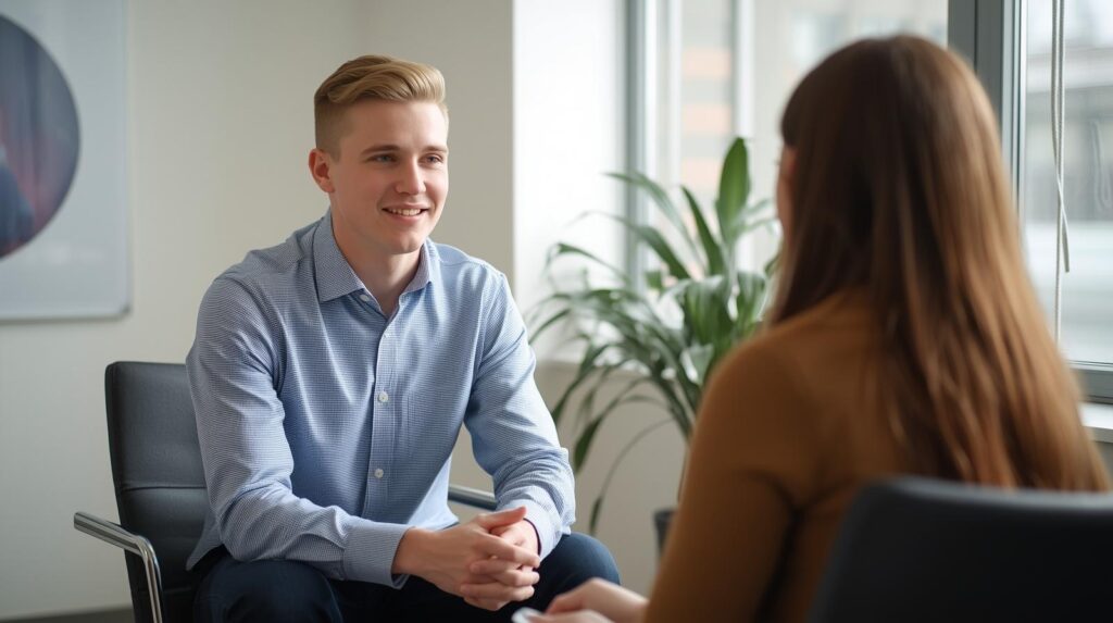 student with counselor in interview