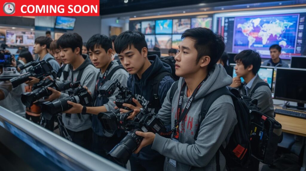 students using camera newsroom background.